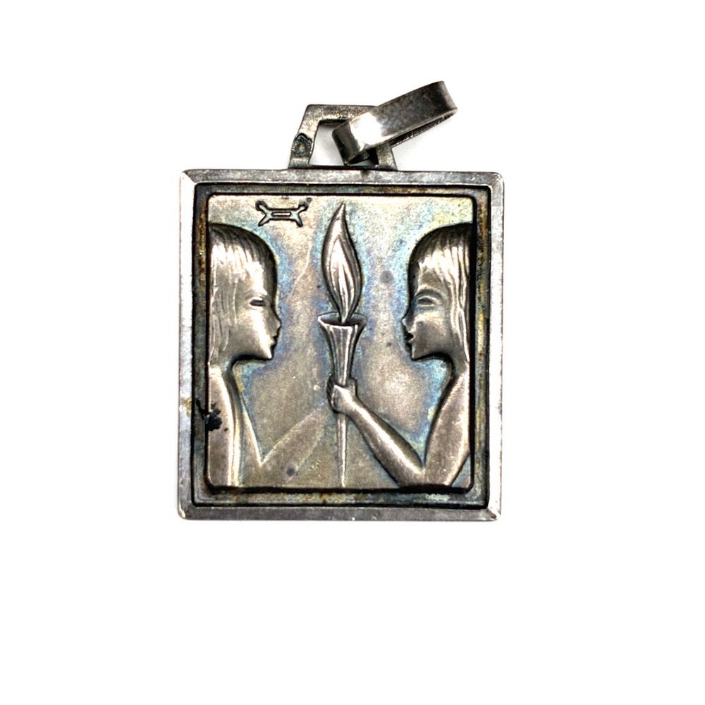 Sterling Silver Gemini Zodiac Pendant with Torch Motif